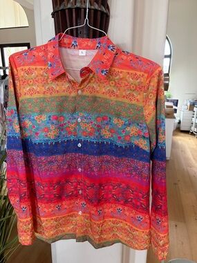 Colorful Striped Floral Button-Up Blouse - Multicolor